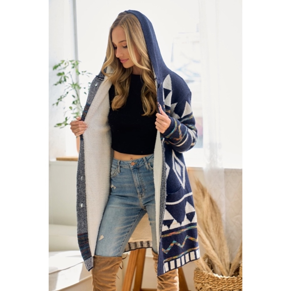 SOLD OUT Navy Rainbow Aztec Sherpa Lined Knit Button Hooded Cardigan Long Sleeve - Picture 2 of 7